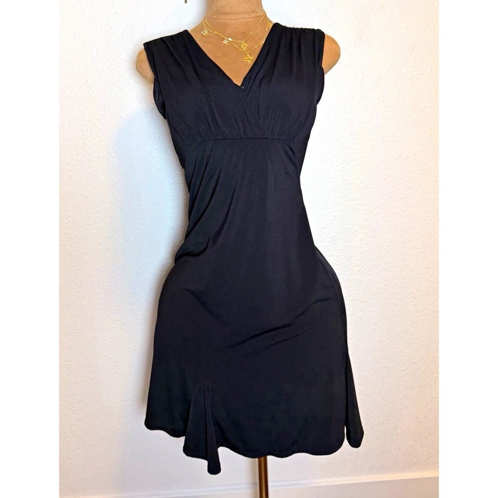 Old Navy Womens Small Petite Black Knit V-Neck Ruched Stretch Fit Flare Dress